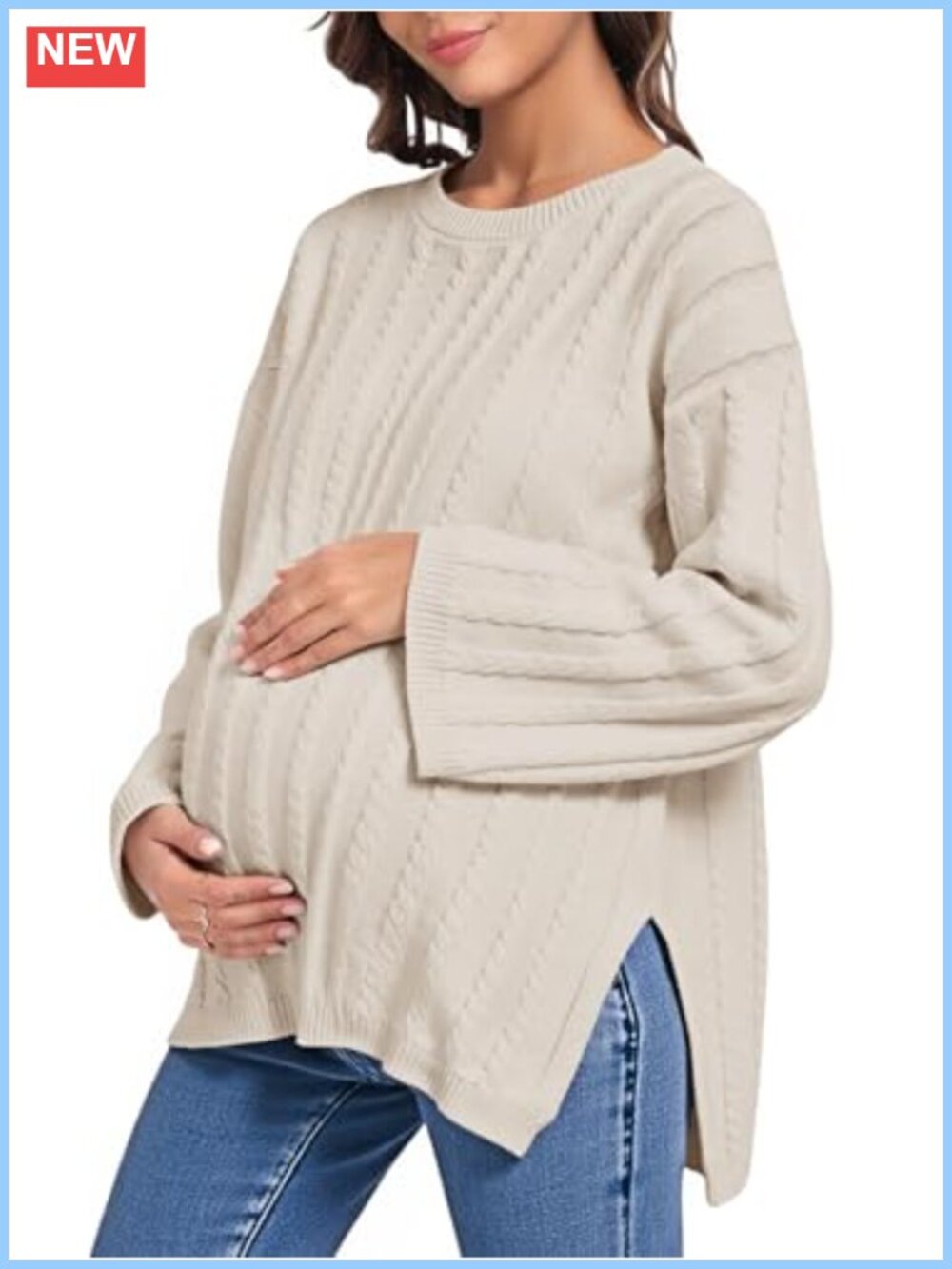 Maternity Cable Knit Sweater Pullover Crewneck Long Sleeve Loose Fit